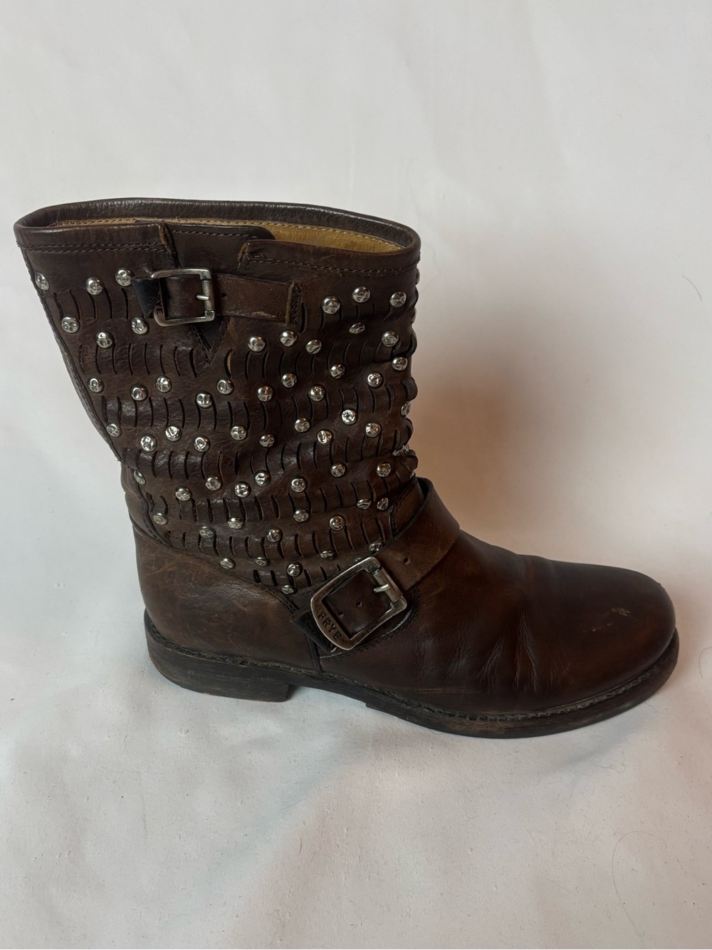 Frye Jenna Cut Stud Women's 8B Distressed Brown Leather Motorcycle Boots Boho